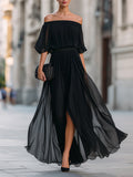 Annetta - Robe longue plissée en mousseline noire à épaules dénudées