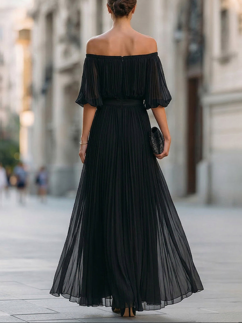 Annetta - Robe longue plissée en mousseline noire à épaules dénudées