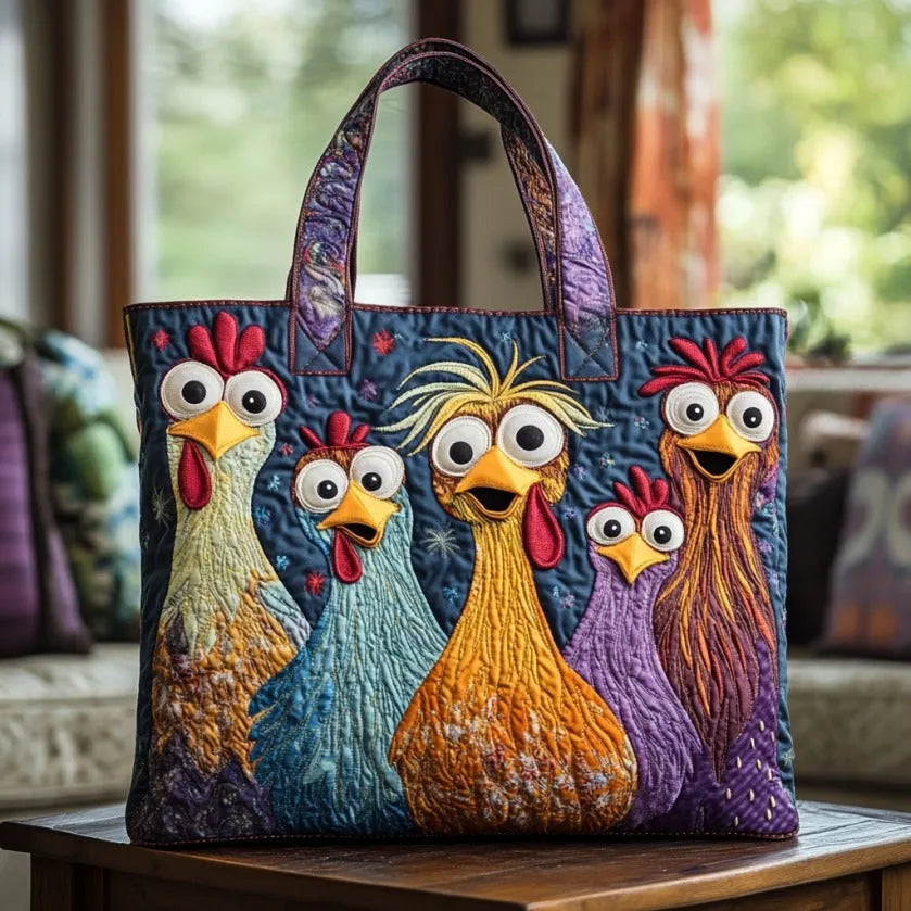 Sac fait à la main avec cinq poules colorées