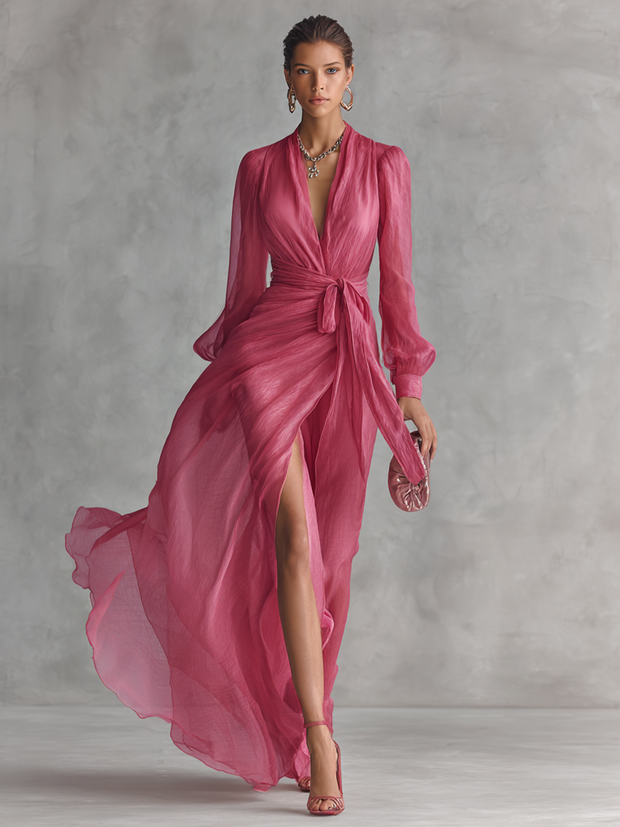 Abito in chiffon rosa con scollo a V