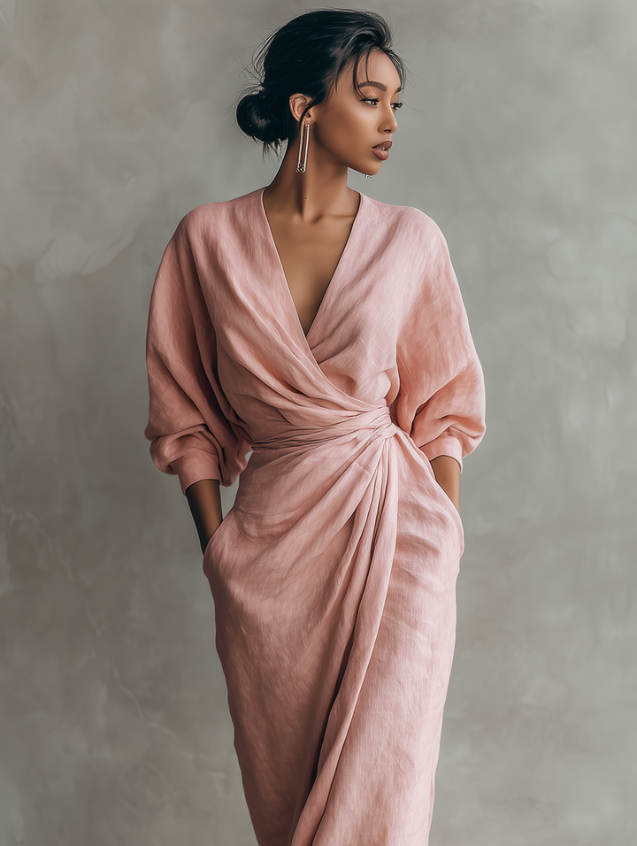 Rosen Leinen V-Ausschnitt Maxikleid