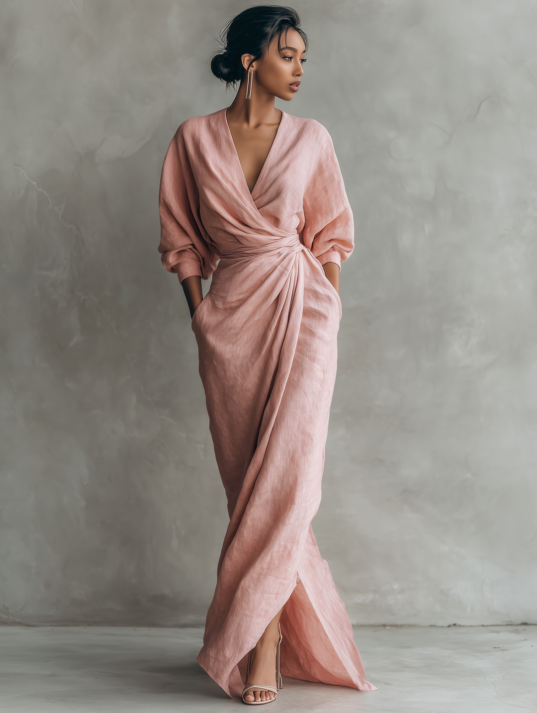 Rosen Leinen V-Ausschnitt Maxikleid