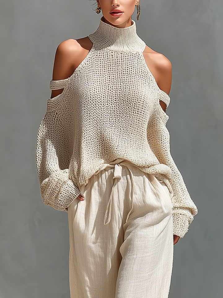Thalia - Completo maglia dolcevita a spalle scoperte e pantaloni ampi beige