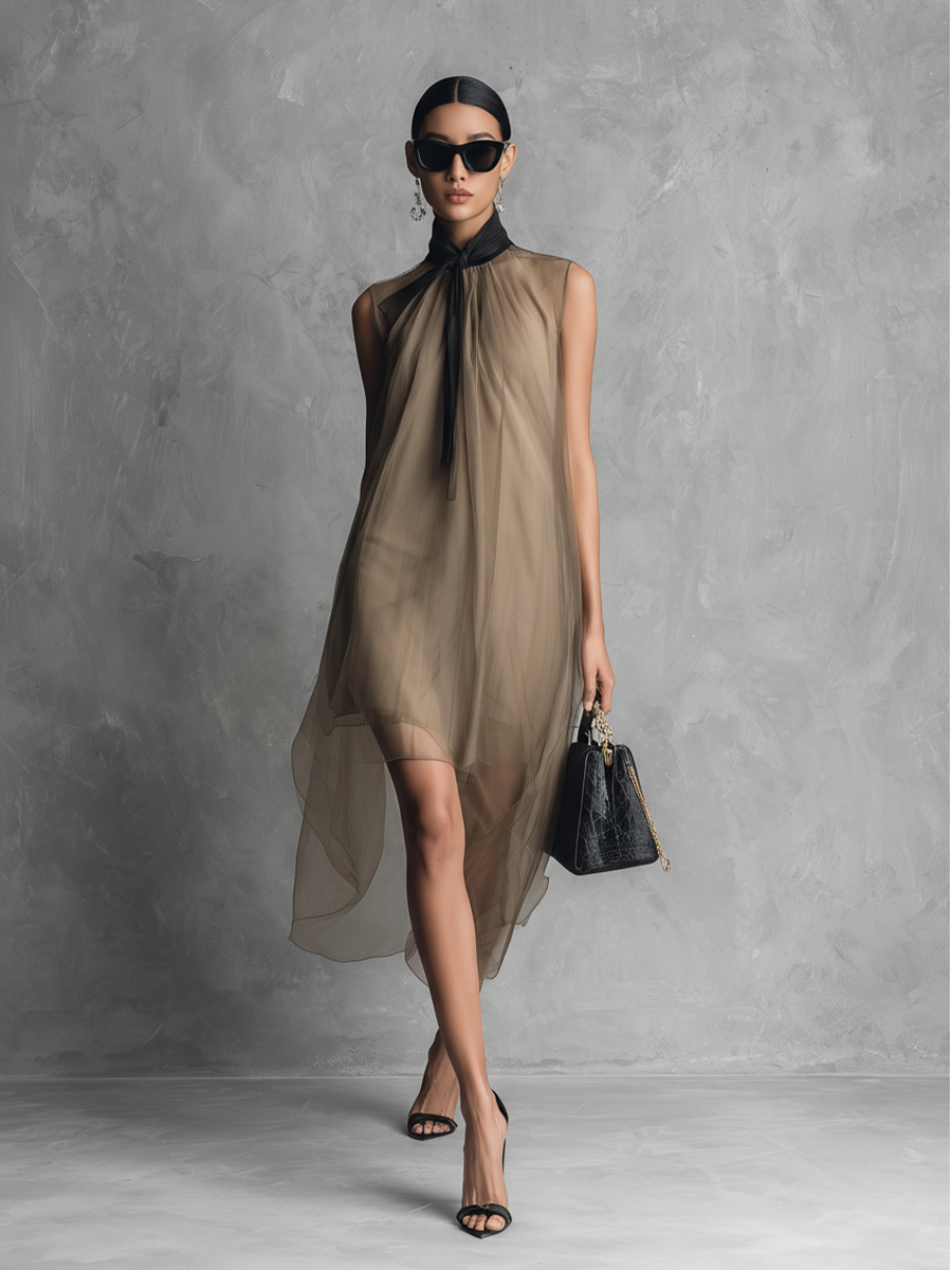 Béatrice - Robe en mousseline bicolore kaki et marron sans manches - Luxe léger