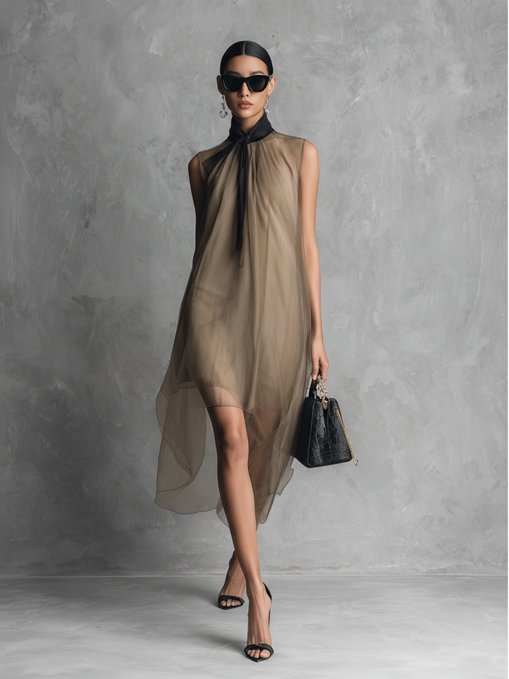 Béatrice - Robe en mousseline bicolore kaki et marron sans manches - Luxe léger