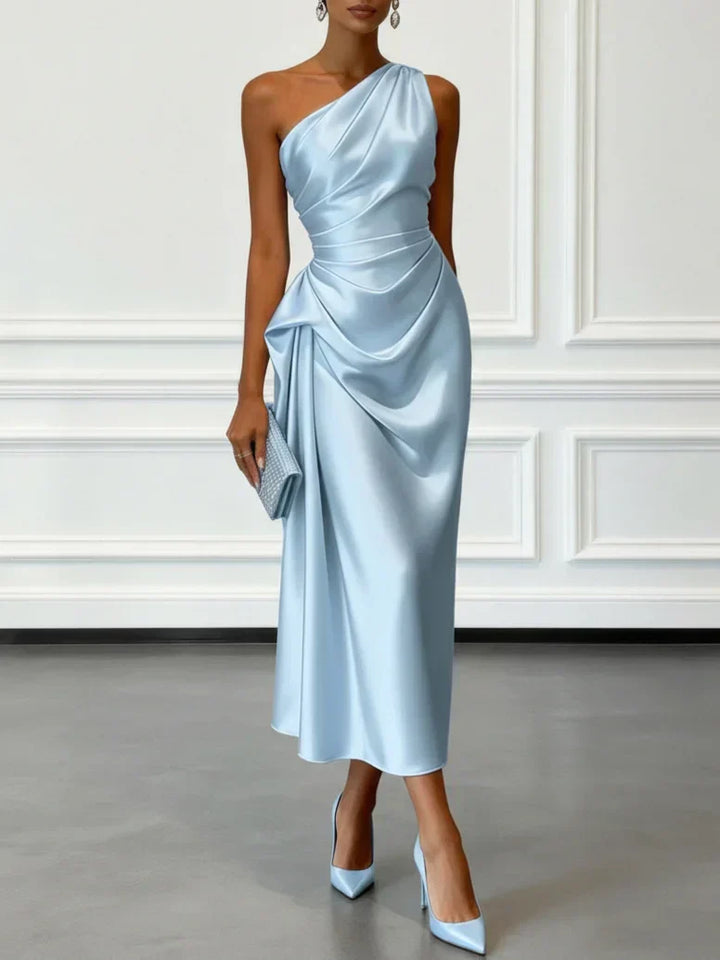 Caille - Abito midi senza maniche monospalla con ruches in raso color champagne