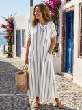 Elaris | Robe midi à rayures et manches courtes, avec col lavallière et poches