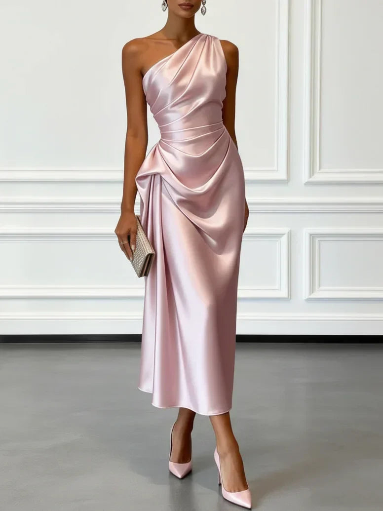 Caille - Abito midi senza maniche monospalla con ruches in raso color champagne