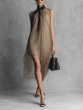 Béatrice - Robe en mousseline bicolore kaki et marron sans manches - Luxe léger