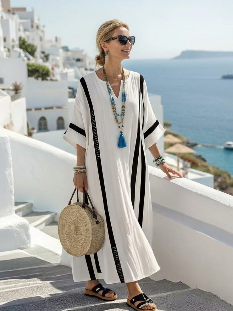 Elvienne | Vestito lungo a maniche corte con strisce color block