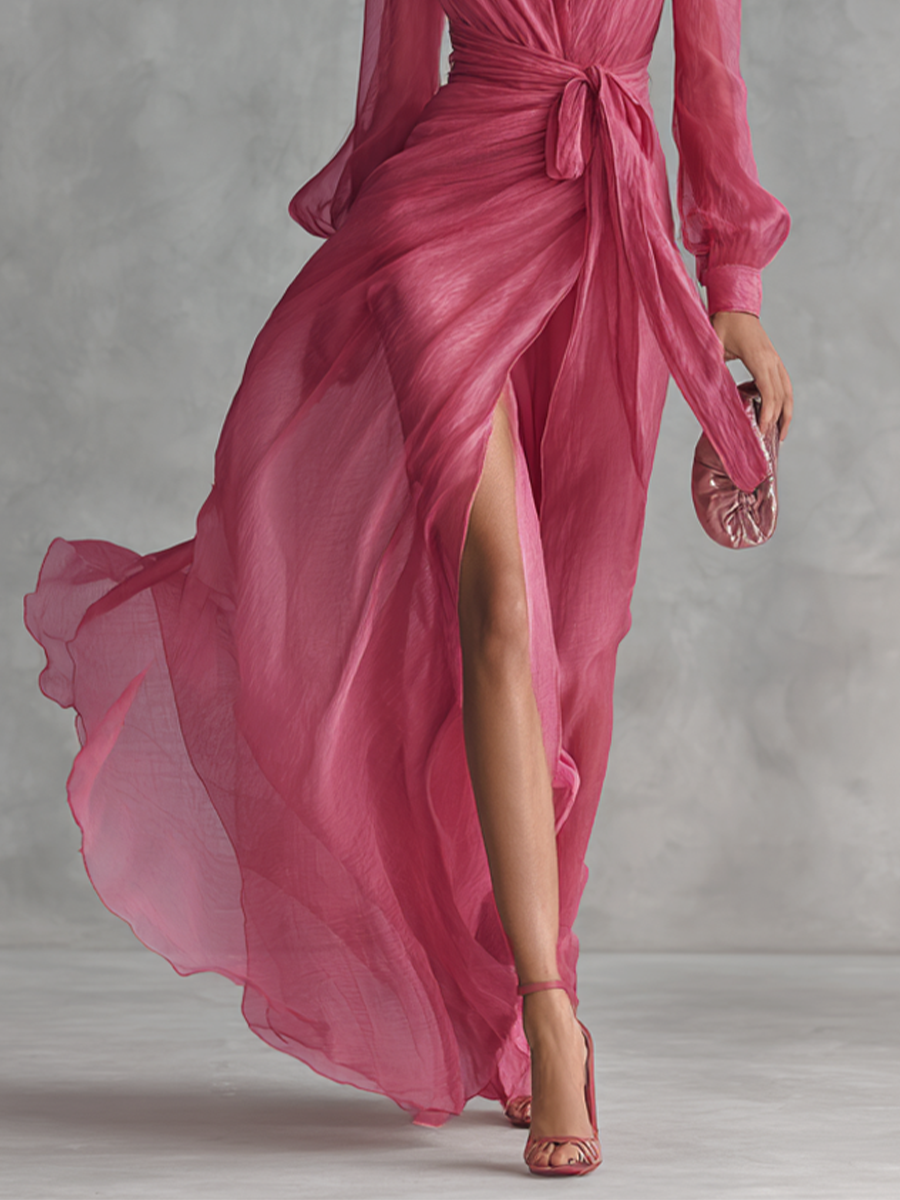 Abito in chiffon rosa con scollo a V