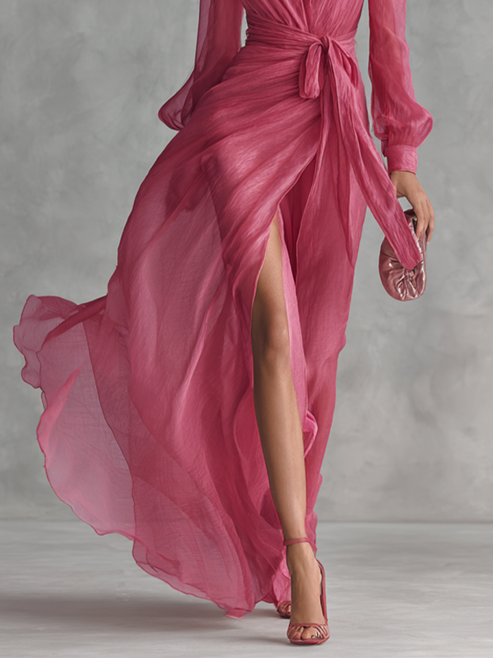 Abito in chiffon rosa con scollo a V