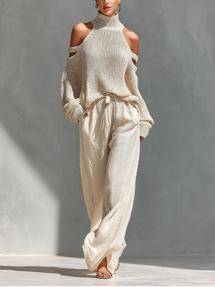 Thalia - Completo maglia dolcevita a spalle scoperte e pantaloni ampi beige