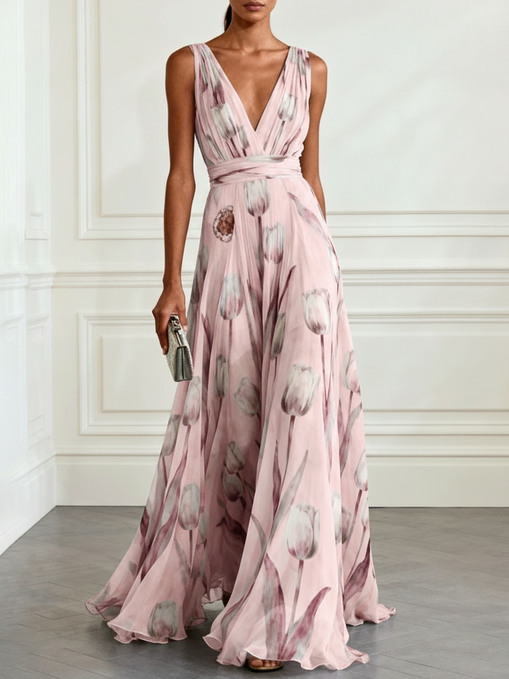Nerea - Elegante Abito Lungo con Stampa a Tulipano e Scollo a V