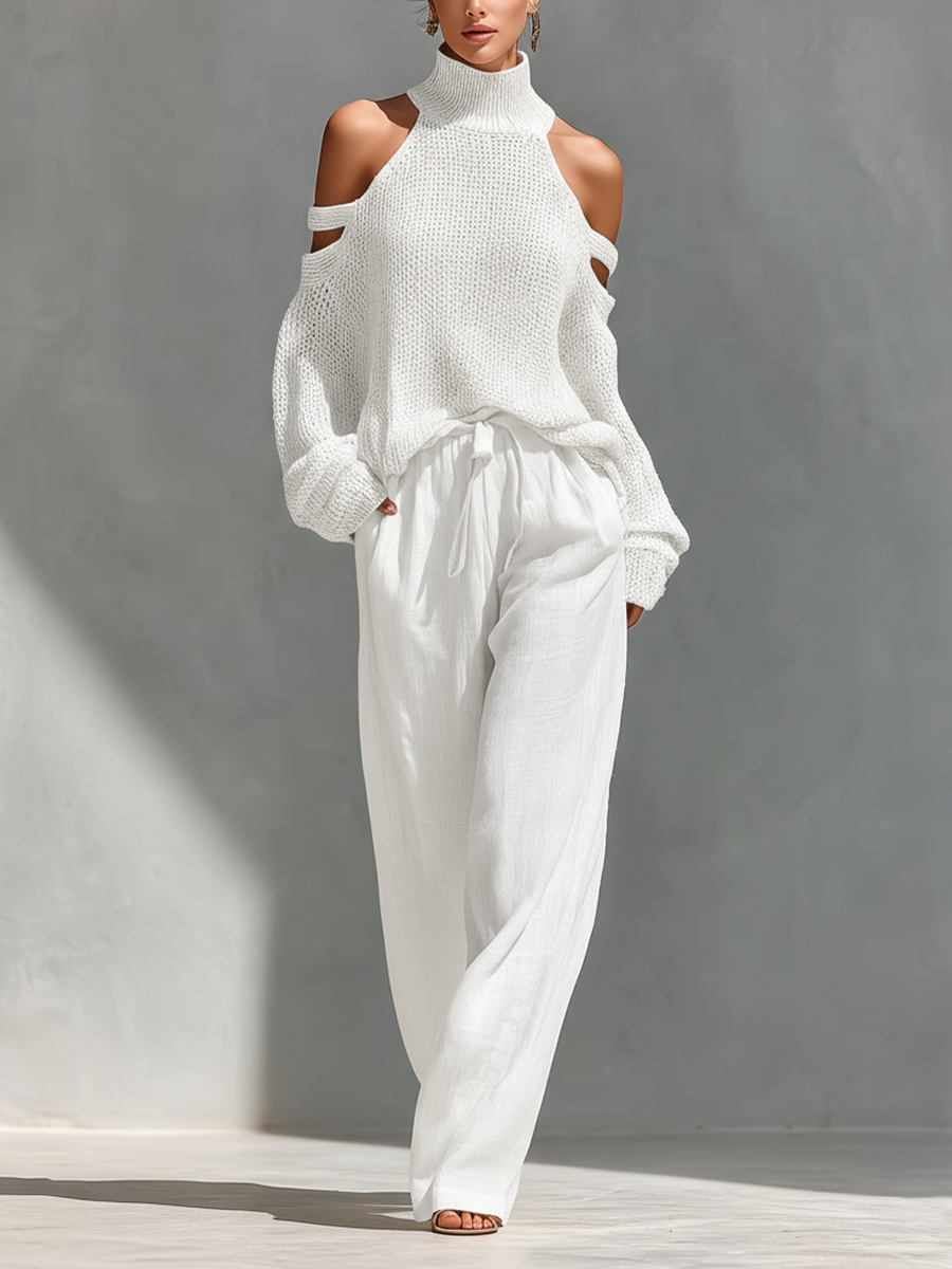 Thalia - Completo maglia dolcevita a spalle scoperte e pantaloni ampi beige