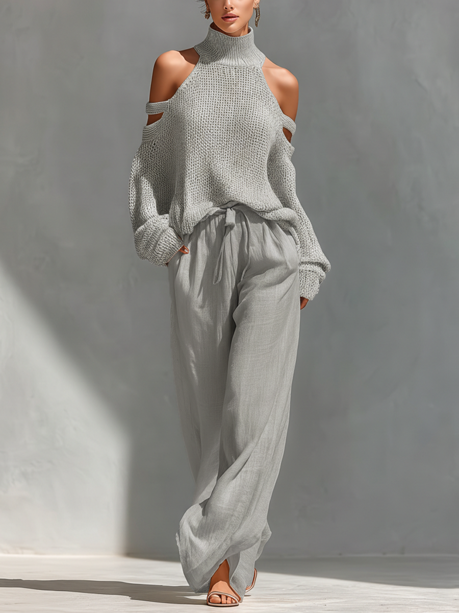 Thalia - Completo maglia dolcevita a spalle scoperte e pantaloni ampi beige