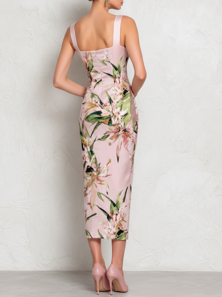 Robe midi en satin rose à fleurs et décolleté carré Amber