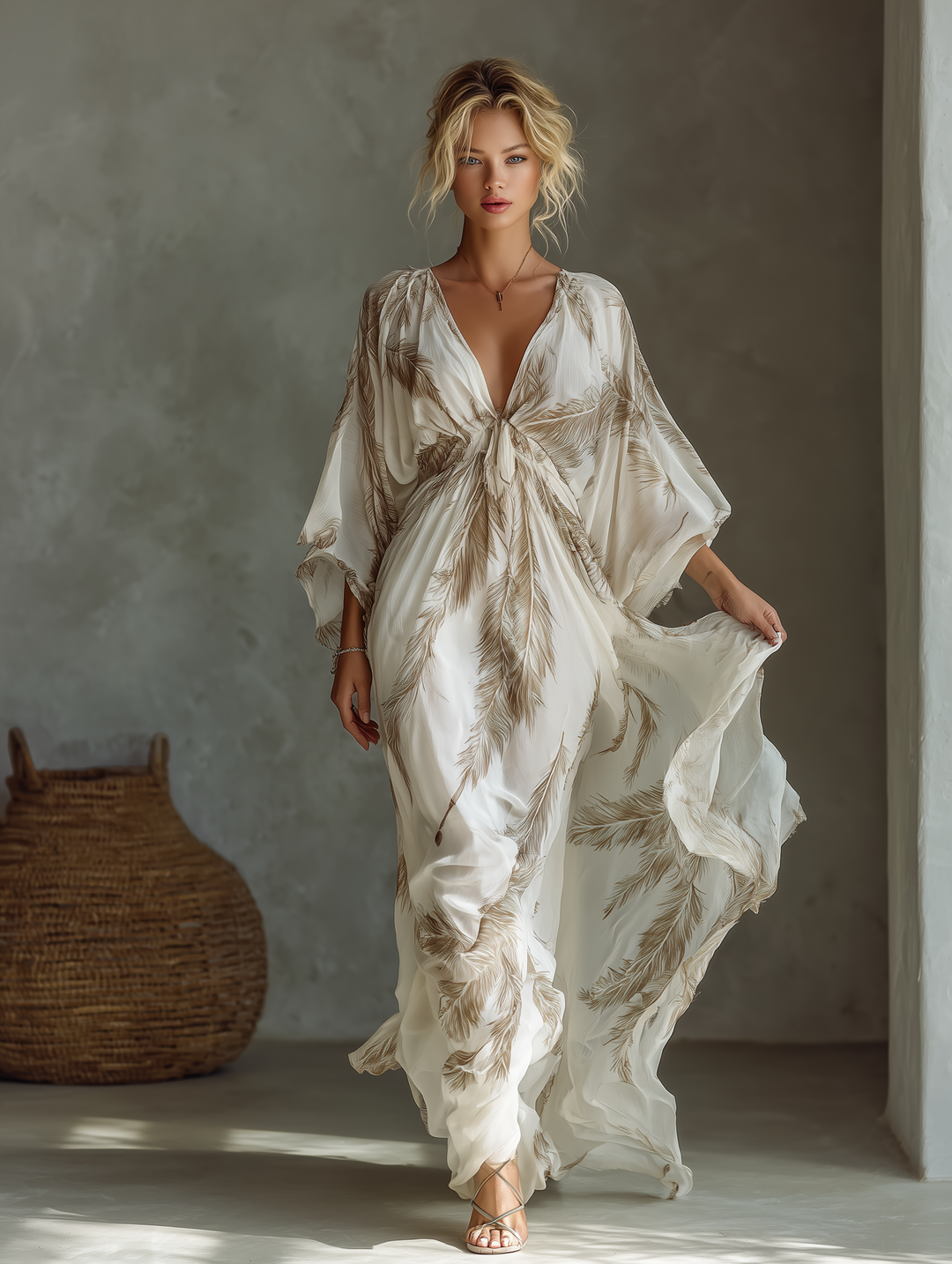 Morrisa - Robe longue en mousseline ivoire et taupe