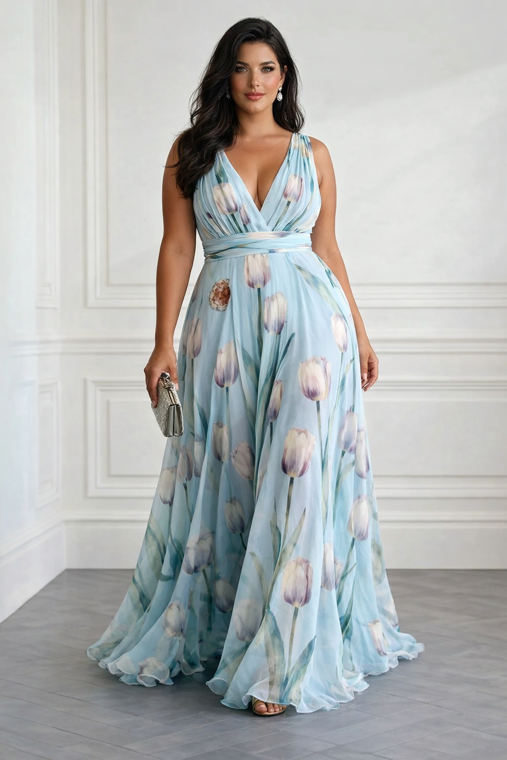 Nerea - Elegante Abito Lungo con Stampa a Tulipano e Scollo a V