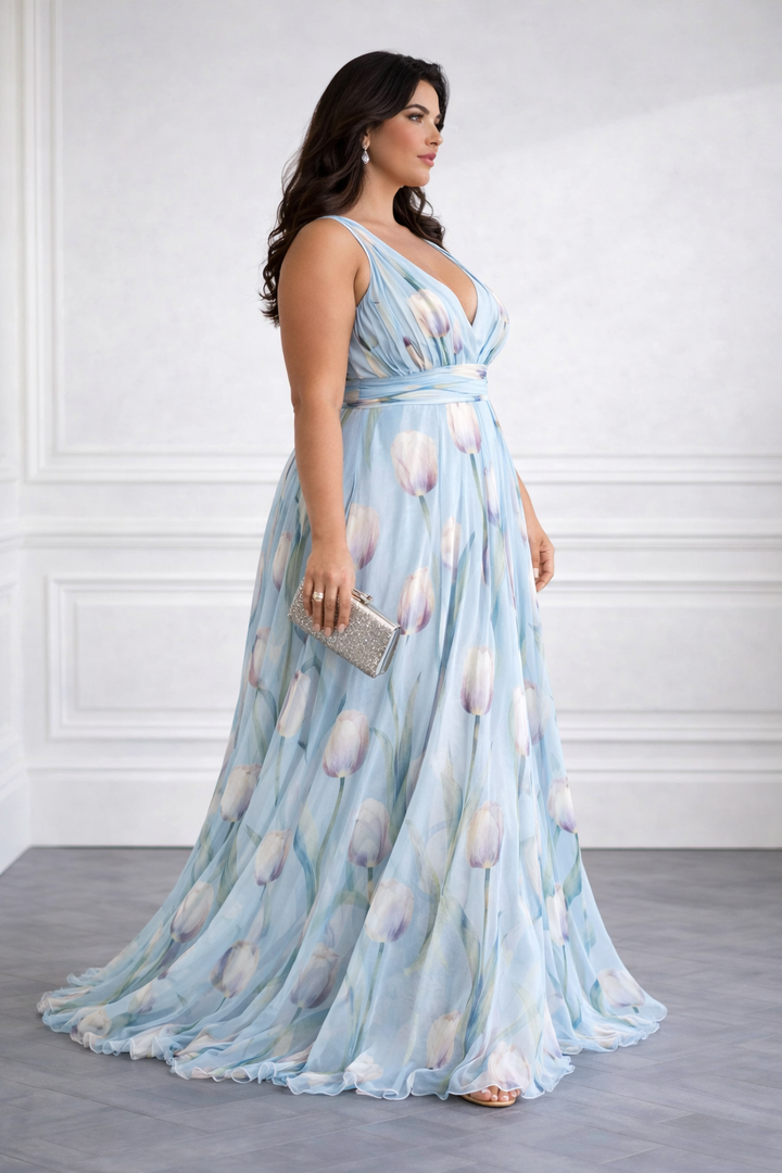 Nerea - Elegante Abito Lungo con Stampa a Tulipano e Scollo a V