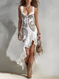 Chelsea - Abito midi con stampa bohémien a pois e balze