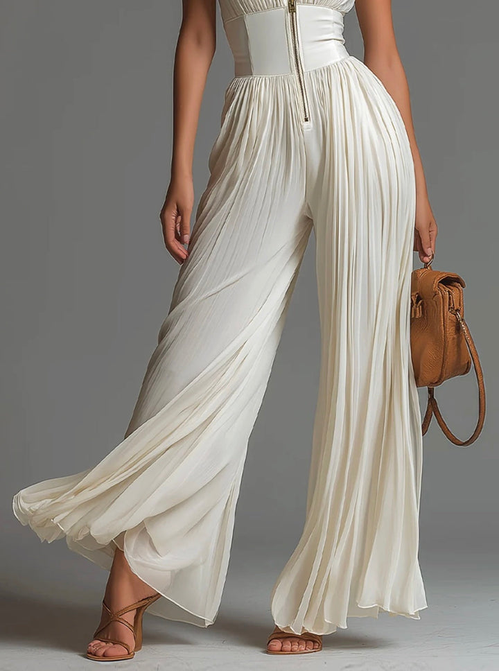Abigail - V-Ausschnitt Ärmelloser Reissverschluss Plissierter Weitbein Chiffon Jumpsuit