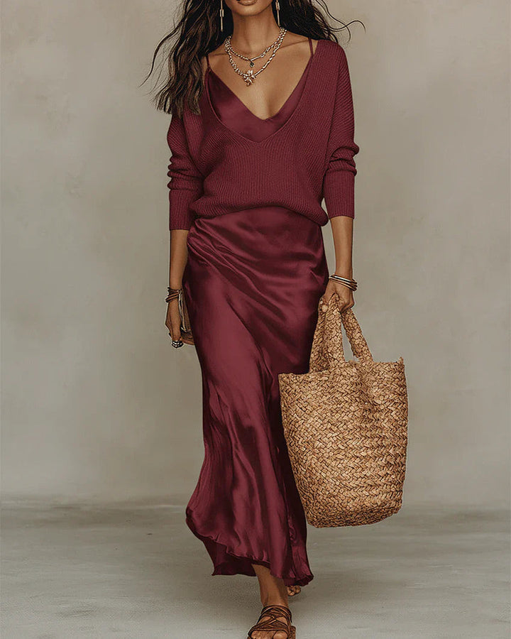 Aria | Ensemble satiné mi-long avec tricot assorti