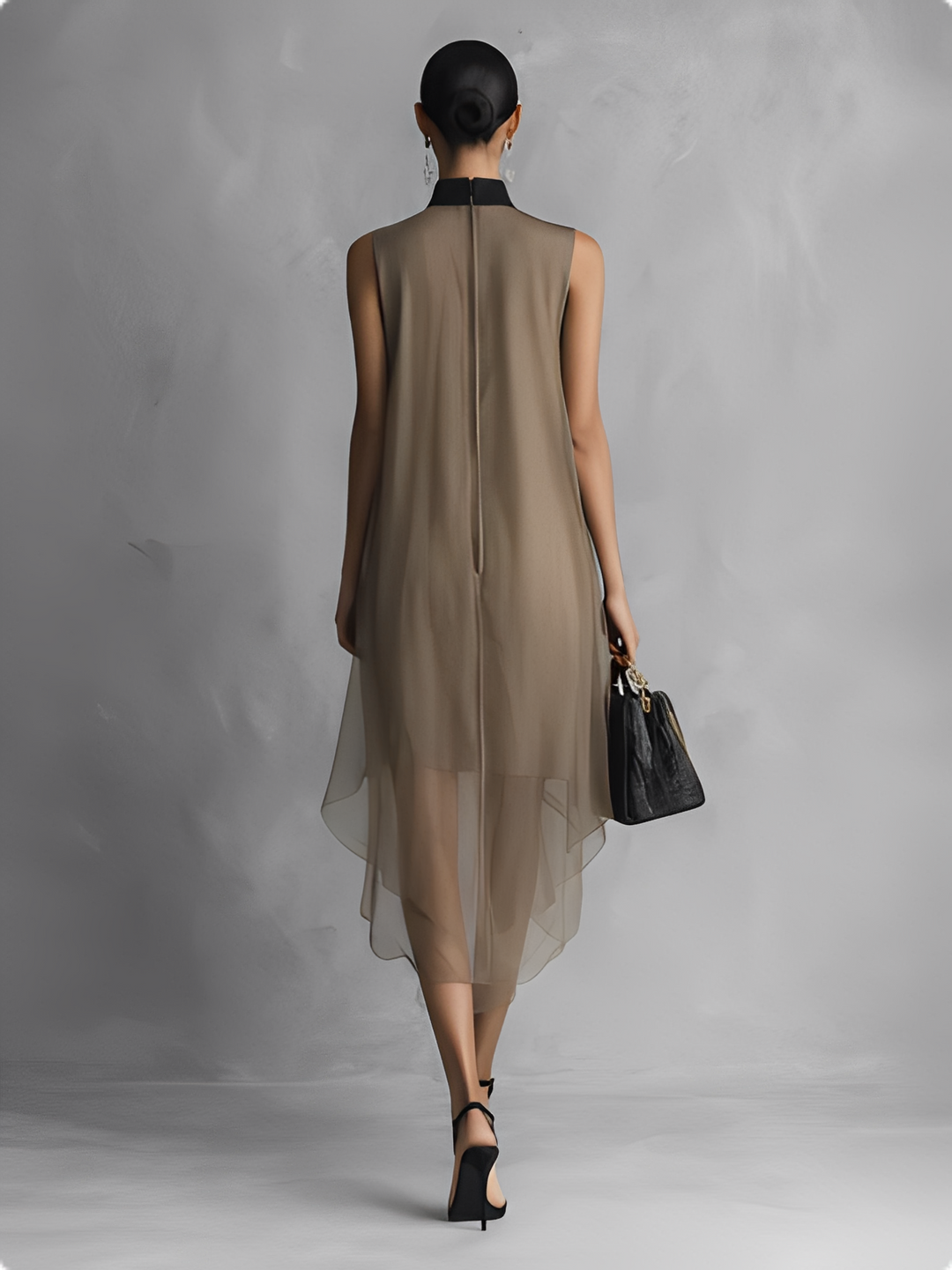 Béatrice - Robe en mousseline bicolore kaki et marron sans manches - Luxe léger