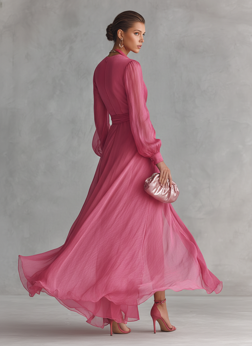 Abito in chiffon rosa con scollo a V