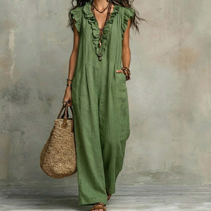 Josefina | Robe longue en lin texturé avec col en V et volants