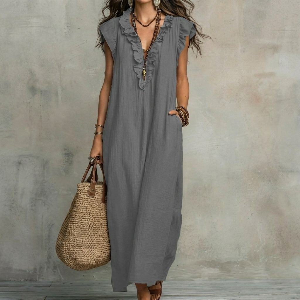 Josefina | Robe longue en lin texturé avec col en V et volants