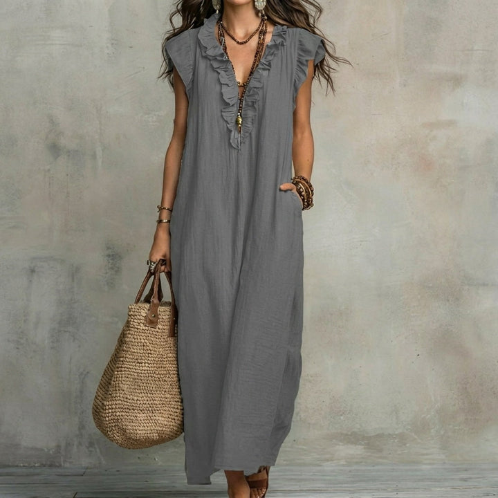 Josefina | Robe longue en lin texturé avec col en V et volants