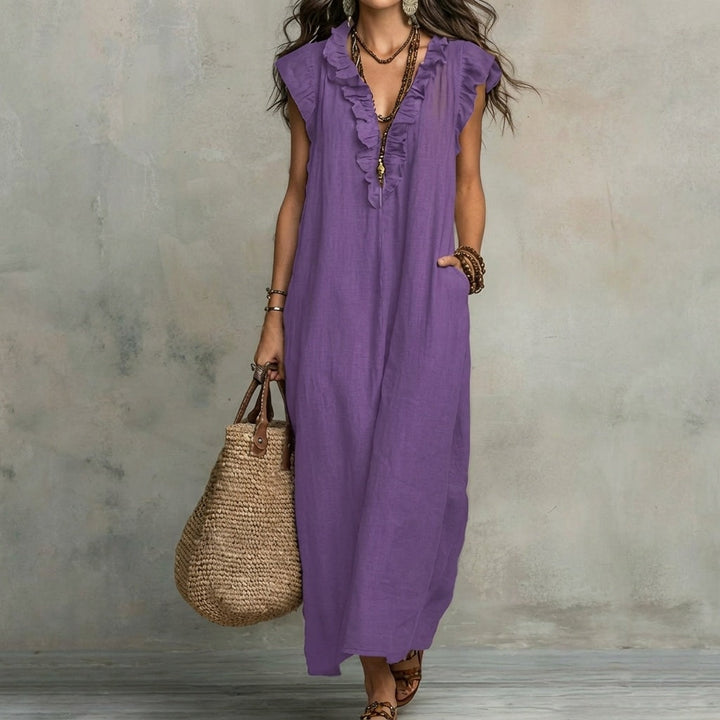 Josefina | Robe longue en lin texturé avec col en V et volants