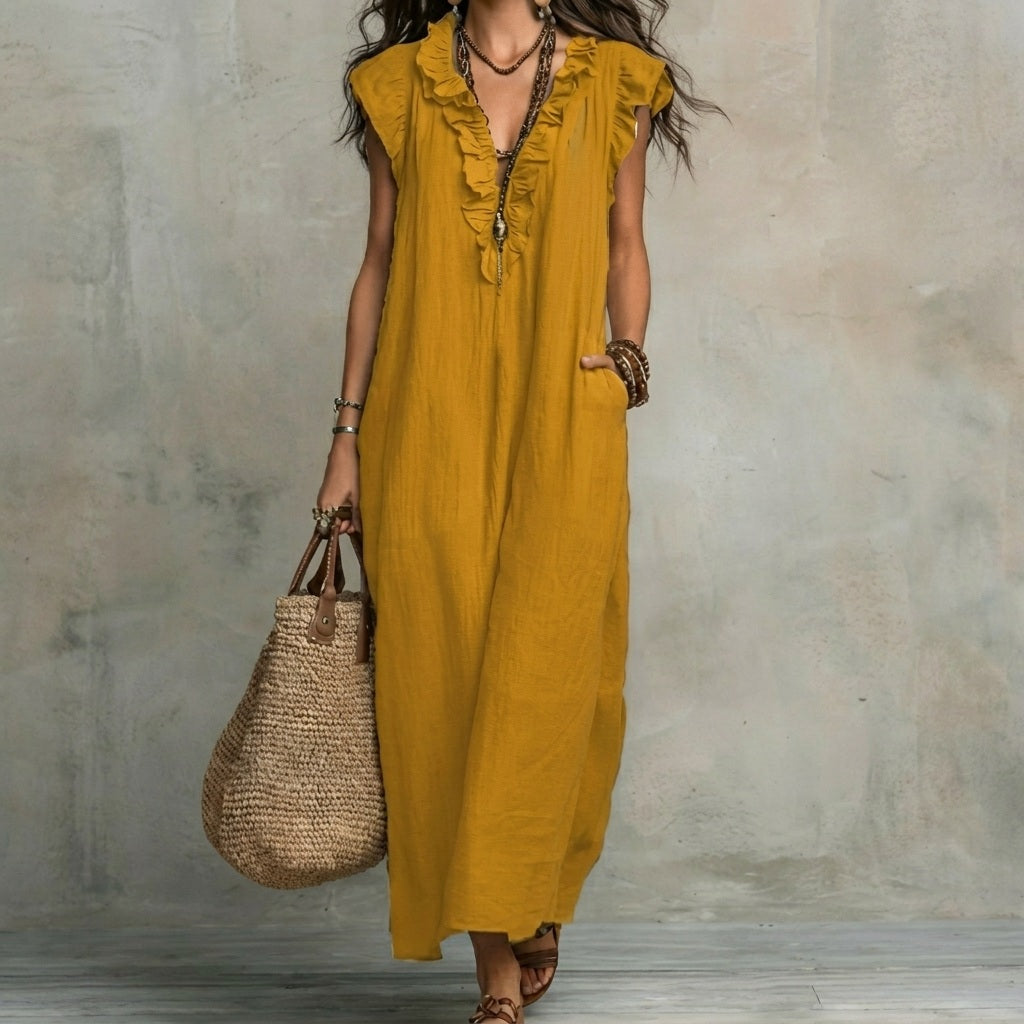Josefina | Robe longue en lin texturé avec col en V et volants