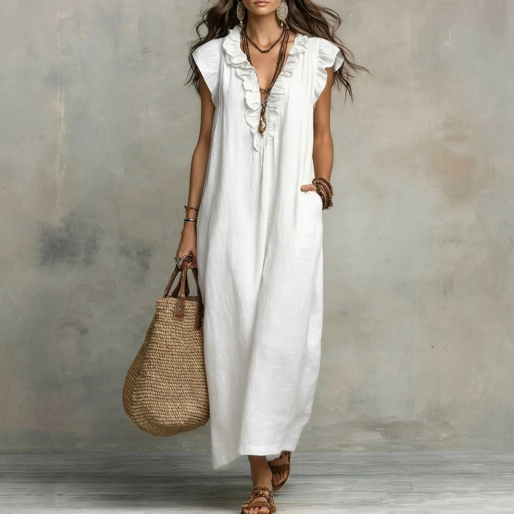 Josefina | Robe longue en lin texturé avec col en V et volants