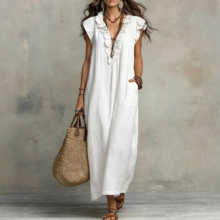 Josefina | Robe longue en lin texturé avec col en V et volants