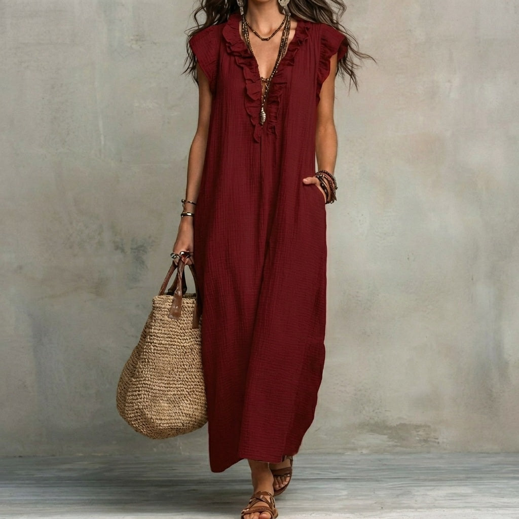 Josefina | Robe longue en lin texturé avec col en V et volants