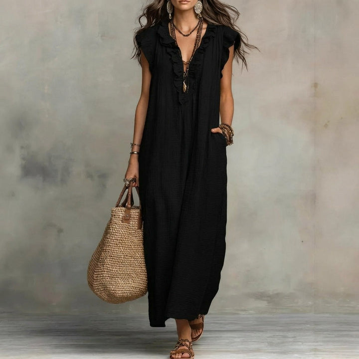 Josefina | Robe longue en lin texturé avec col en V et volants