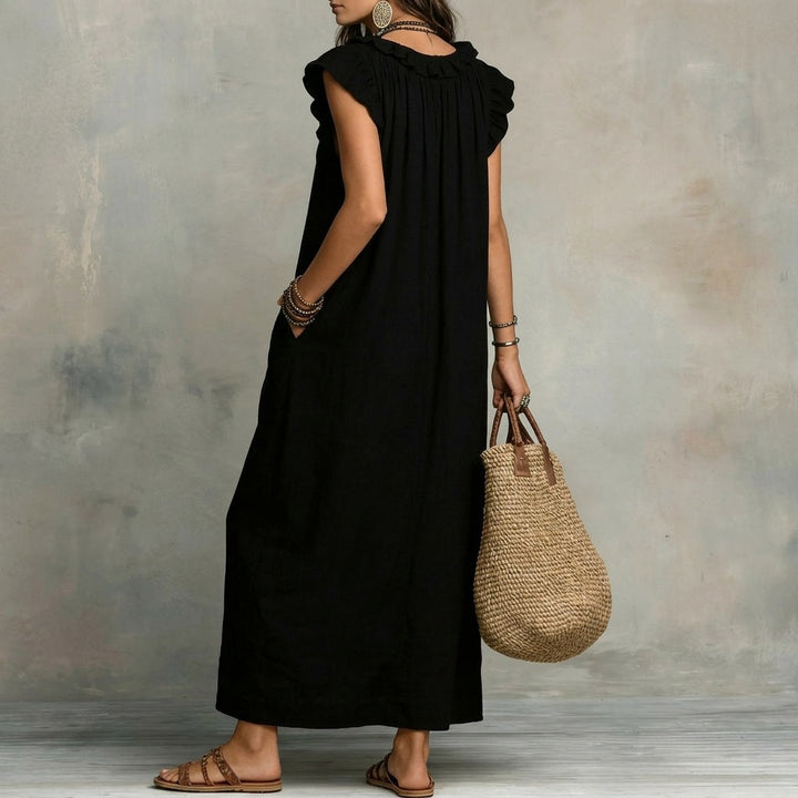 Josefina | Robe longue en lin texturé avec col en V et volants