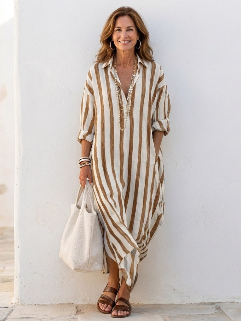 Naomi | Robe-chemise longue rayée à manches longues