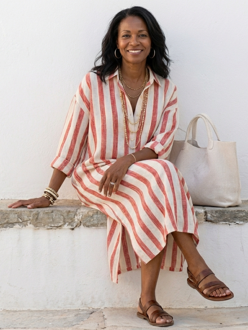 Naomi | Robe-chemise longue rayée à manches longues
