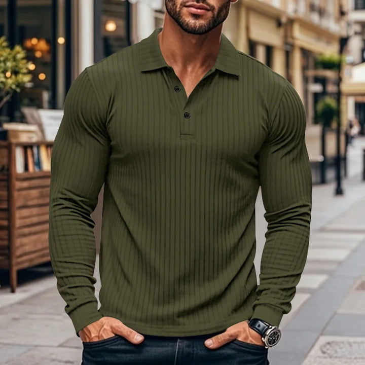 Polo homme à manches longues en côte avec patte de boutonnage | Valcor Zurich