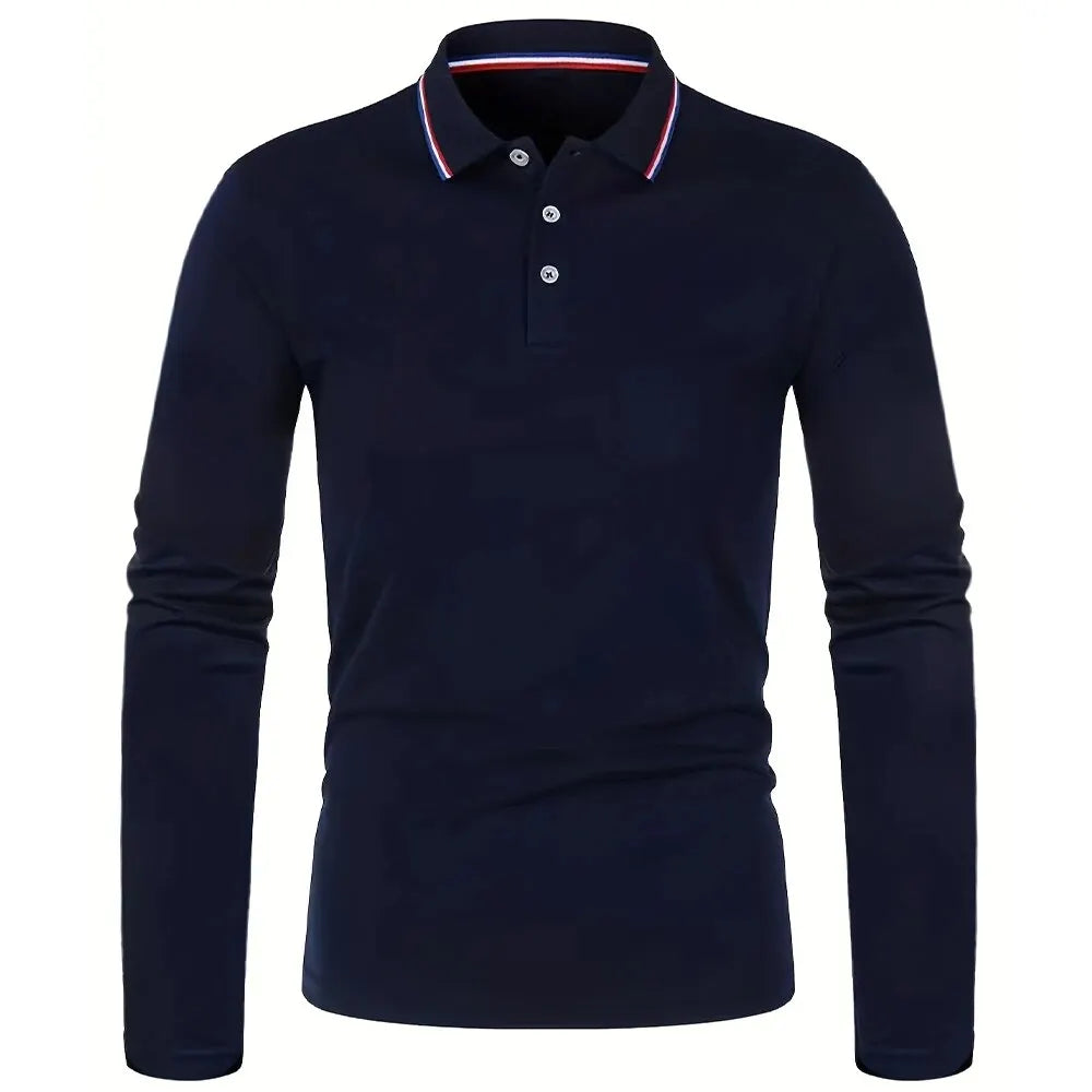 Polo à manches longues pour homme avec patte de boutonnage et col contrastant | Valcor Zürich