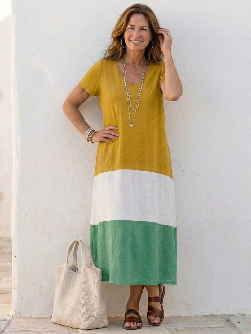 Thalia | Abito midi a maniche corte con scollo a V e blocchi di colore