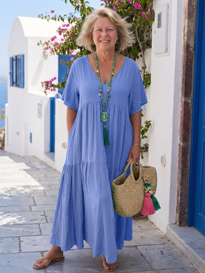 Zinnia | Robe longue bleue à volants et manches courtes