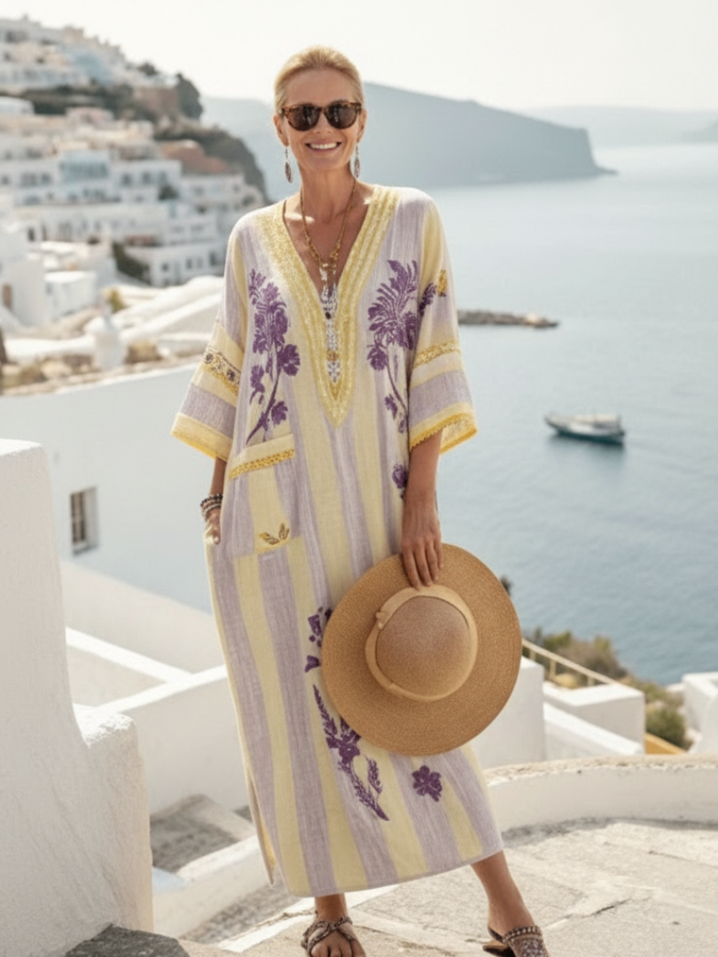 Aurelia | Robe longue rayée fleurie col V demi-manches