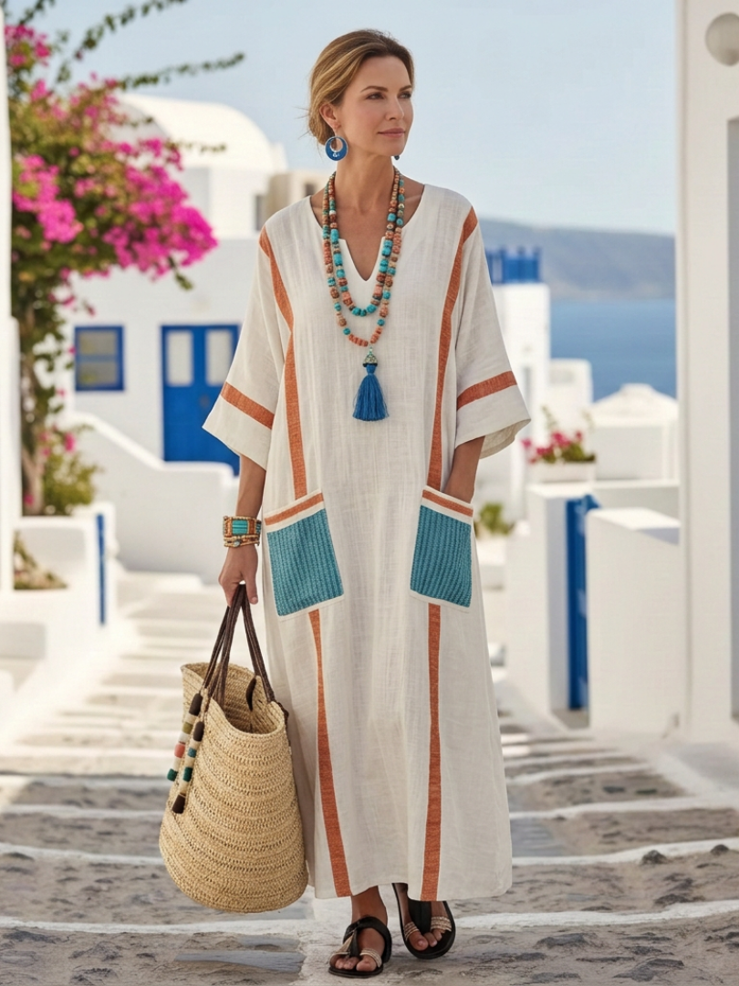 Noemi | Robe longue col V à manches courtes avec poches