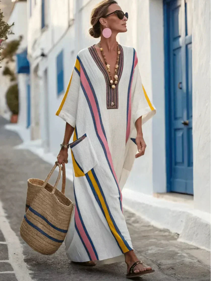 Noemi | Robe longue à col en V et demi-manches avec poches