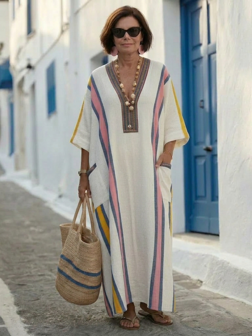 Noemi | Robe longue col V à manches courtes avec poches