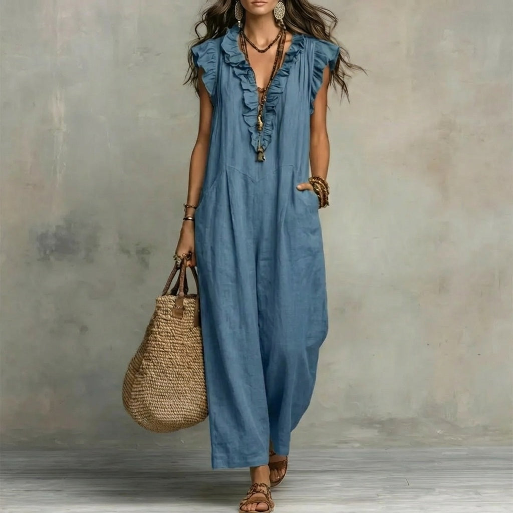 Josefina | Robe longue en lin texturé avec col en V et volants